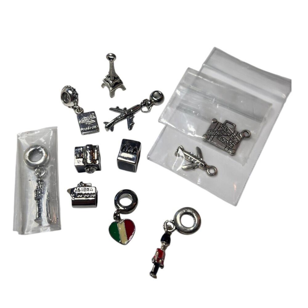 Lot 12 World Travel Themed European Charm Bracelet DIY Jewelry Making Metal